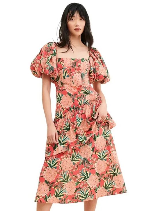 FARM Rio Dresses & Skirts - NWT Farm Rio Pineapple Bloom Red Cut Out Midi Dress Puff Sleeve Sz XS $275